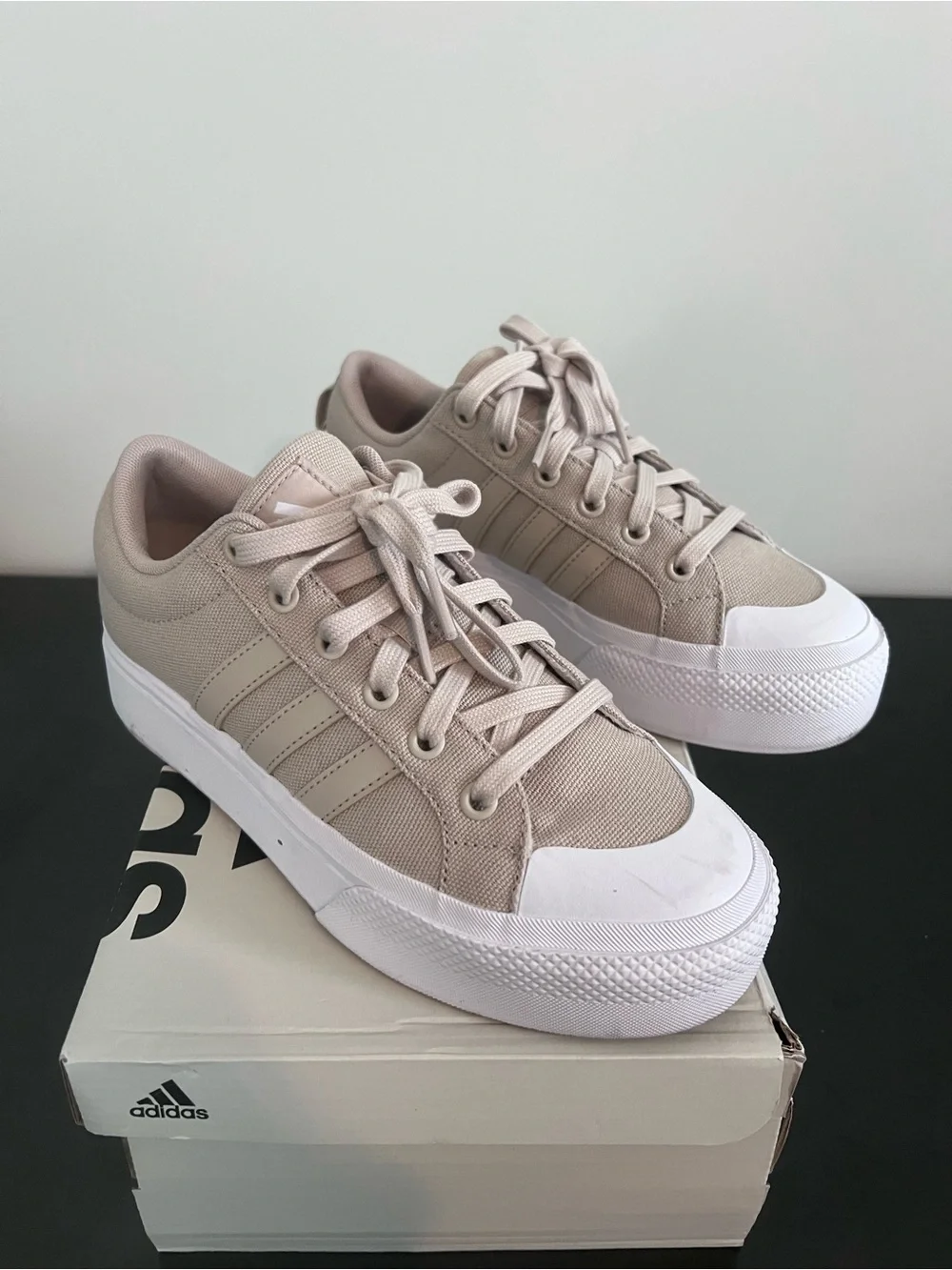 adidas Platform Canvas Sneakers in Light Beige and White